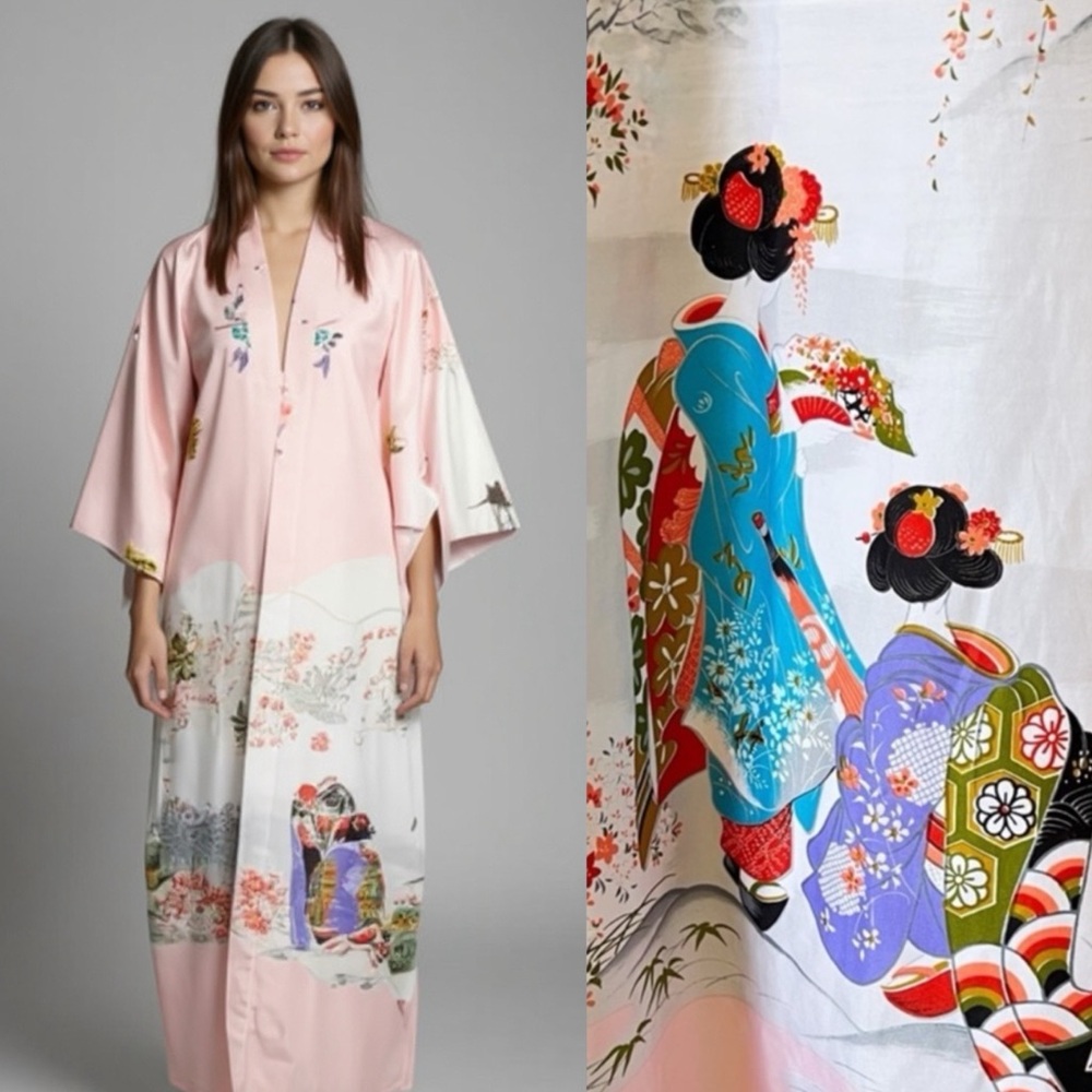 Vintage | Ichiban | Authentic Japanese Geisha Butterfly Pagoda Pink Kimono